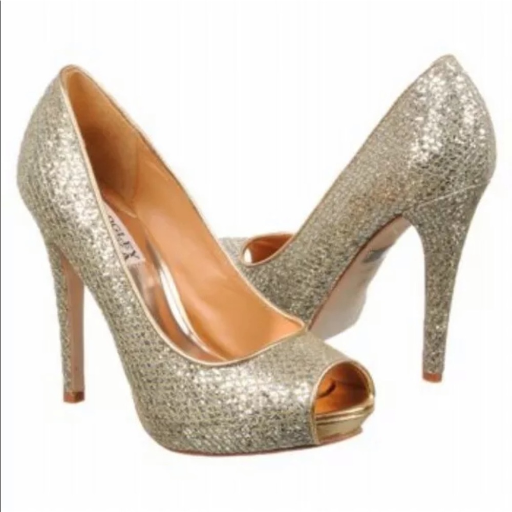 Badgley Mischka sz 9 gold silver peep toe heels